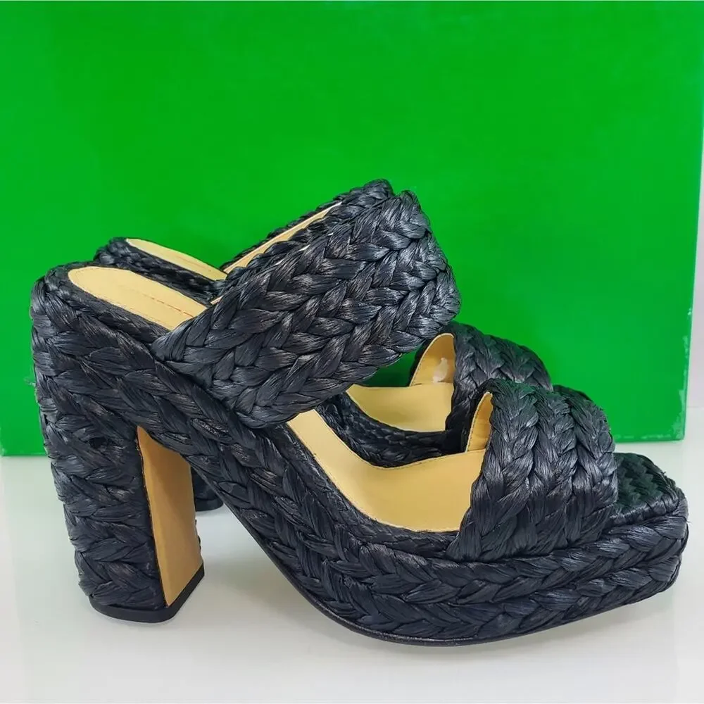 NEW$1,550 Bottega Veneta Trinity Braided Raffia Two-Band Platform Sandals Sz 10